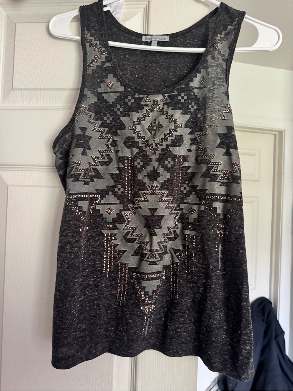 Charlotte Russe Black and Gray Aztec-Print Tank Top